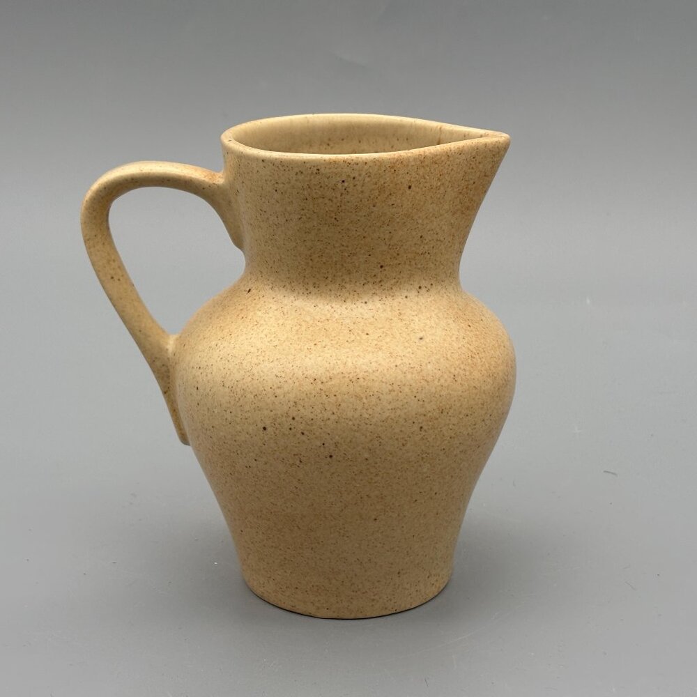 Vintage Studio Pottery Stoneware Pitcher With Speckled Beige Glaze Hand Thrown